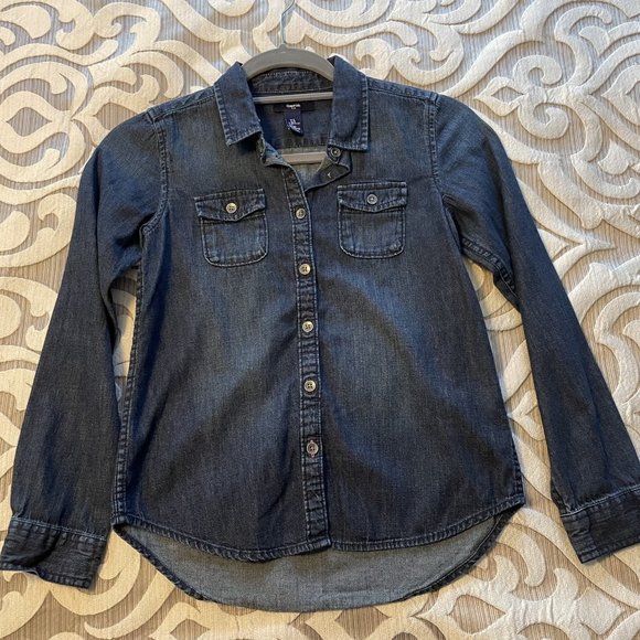 GAP Kids Girls Youth Dark Wash Denim Shirt Size Large Long Sleeves EUC - Picture 4 of 8